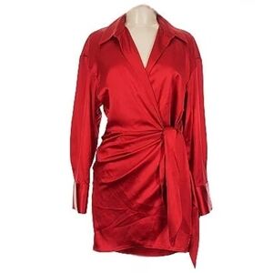 Astr Red Satin Wrap Midi Dress